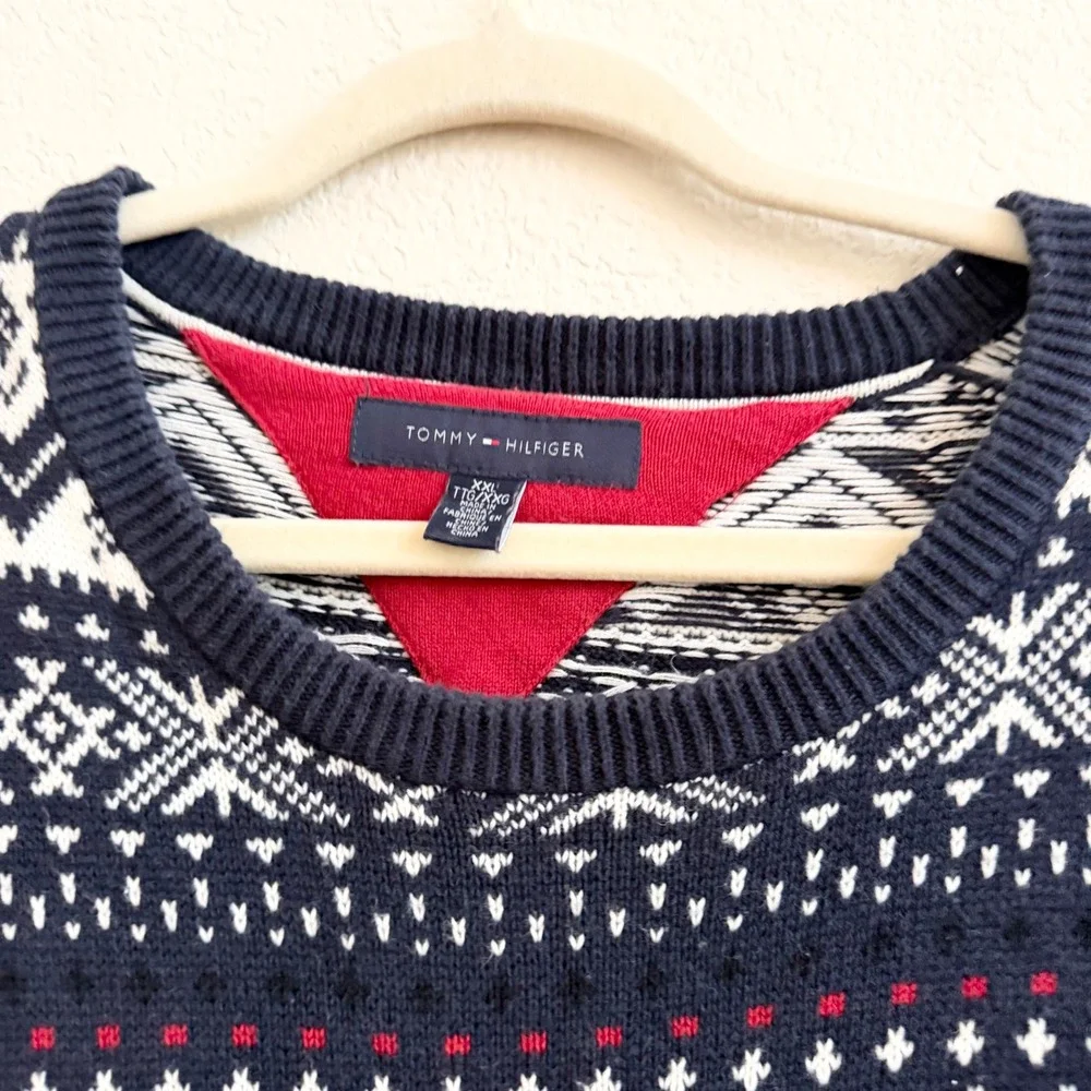 Tommy Hilfiger Mens XXL Navy Blue Fair Isle Cotton Crewneck Sweater Snowflake